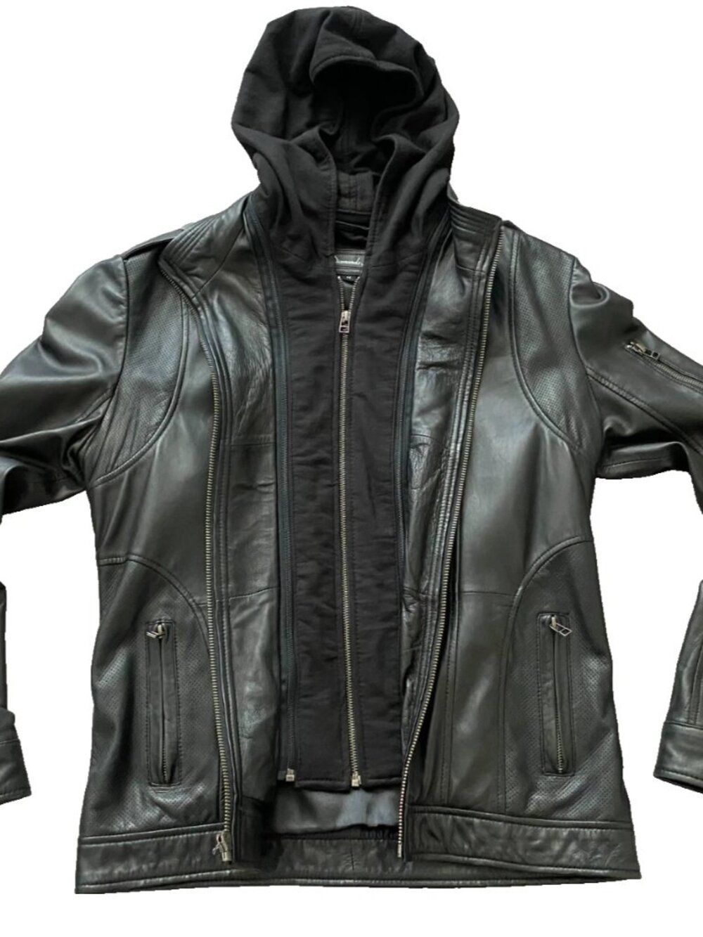 7 Diamonds Manila Black Leather Moto Hooded Jacket